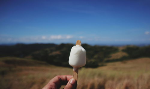 Person holding ice cream against sky