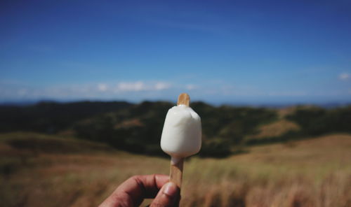 Person holding ice cream against sky