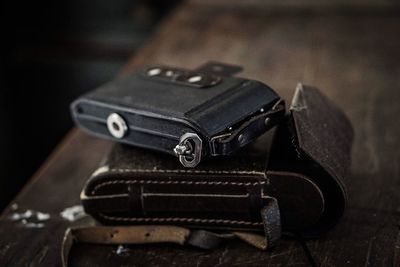 Close-up of wallets on table