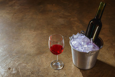 High angle view of wine bottles on table