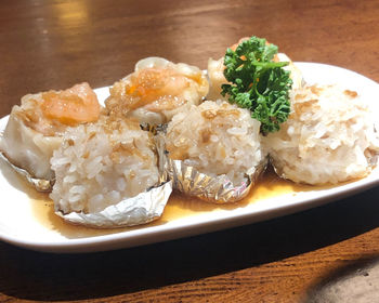 High angle view of food in plate on table