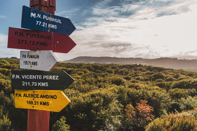 Low angle view of road sign against sky