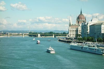 High angle view of danube river by hungarian parliament building