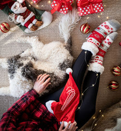 Directly above shot of young woman using laptop by christmas decoration