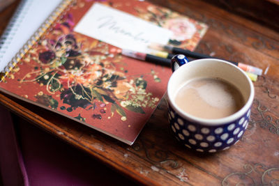 High angle view of coffee on table