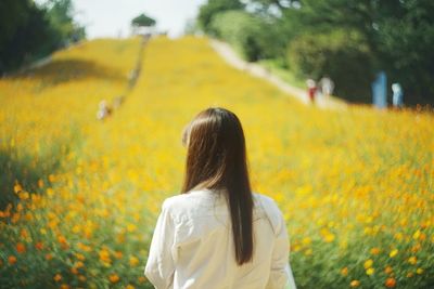 Rear view of woman standing on field