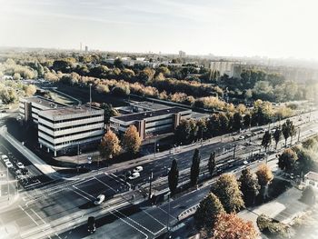 High angle view of street amidst buildings in city