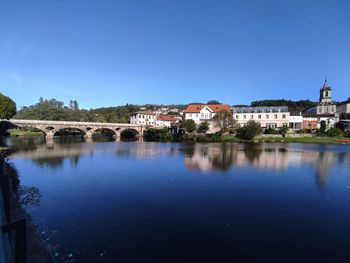 Buildings by river against clear blue sky