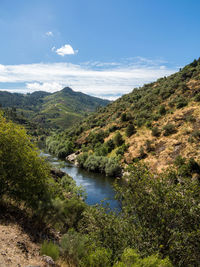 Scenic view of river and mountains against sky