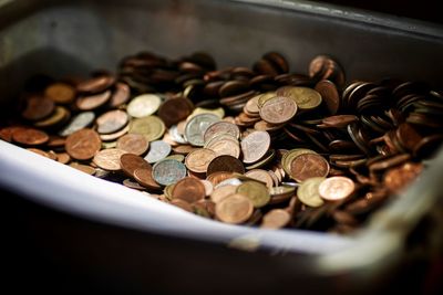 High angle view of coins