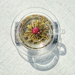 Directly above shot of herbal tea cup on table