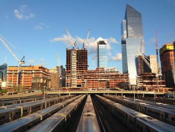 Modern buildings in city with rainway center station in new york 