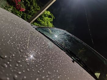 Close-up of raindrops on car windshield