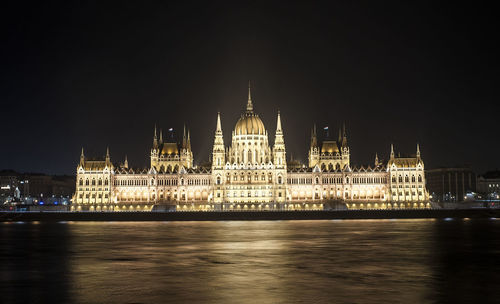 Danube river and illuminated hungarian parliament building at night
