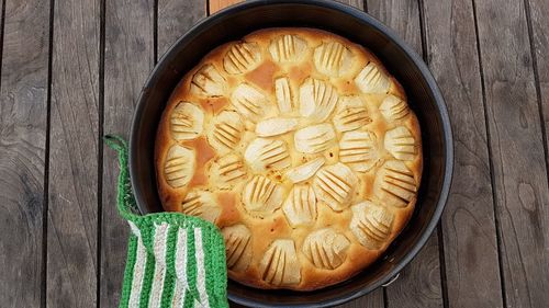 High angle view of apple cake on table