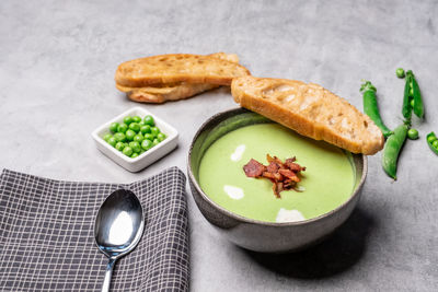 High angle view of breakfast served on table
