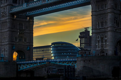 Buildings in city during sunset