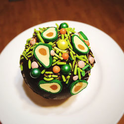 High angle view of dessert in plate on table