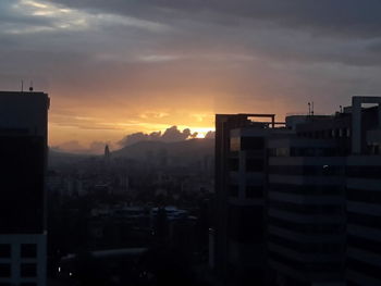 Silhouette of city at sunset