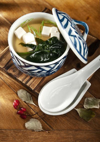 High angle view of breakfast in bowl on table