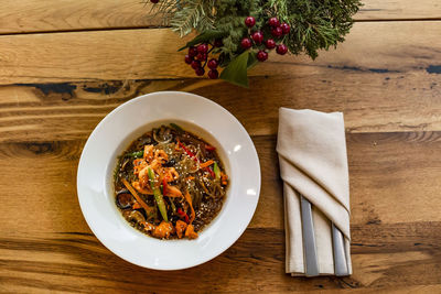 High angle view of meal served on table