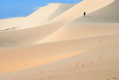 Distance shot of man walking at desert