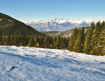 Scenic view of snowcapped mountains against sky