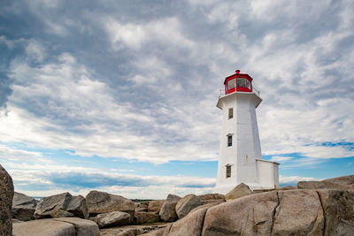 Low angle view of lighthouse against cloudy sky