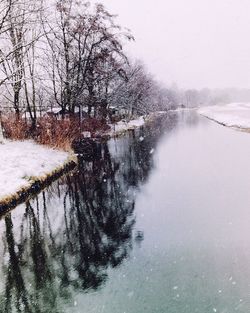 Scenic view of lake in foggy weather