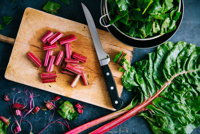 High angle view of chopped vegetables on table