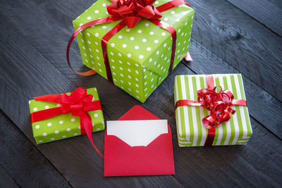 High angle view of christmas decoration in box