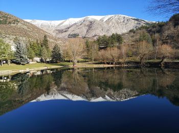 Scenic view of lake and mountains against sky