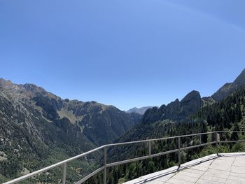 Scenic view of mountains against clear blue sky