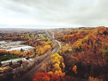 High angle view of road amidst trees during autumn