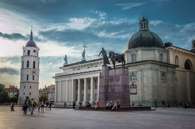 Cathedral and sculpture in a city center