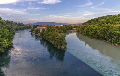 Rhone and arve river confluence by sunset, geneva, switzerland, hdr