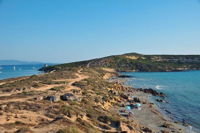 Scenic view of sea against clear blue sky