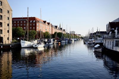 Boats in river with buildings in background