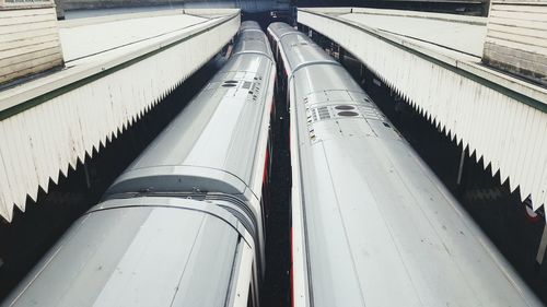 High angle view of trains at station