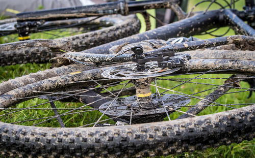 Close-up of a dirty mountain bike