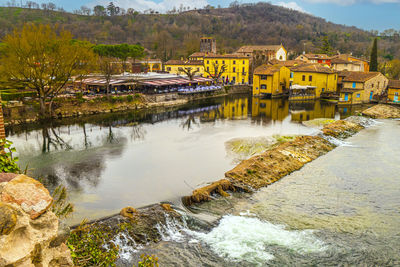 Buildings by river