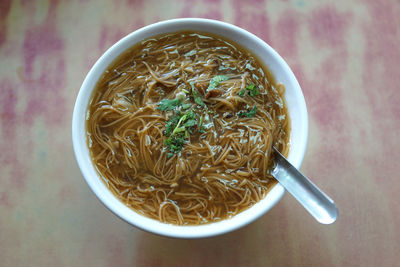 High angle view of soup in bowl on table