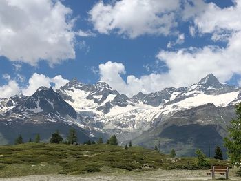 Scenic view of snowcapped mountains against sky