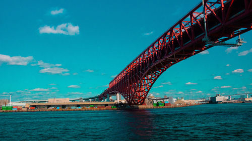 Bridge over river against sky in city