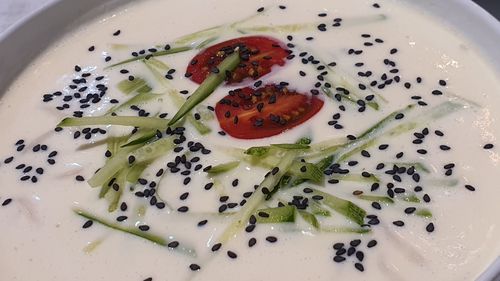 High angle view of food in plate