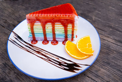 Close-up of cake served on table