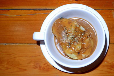 High angle view of soup in bowl on table