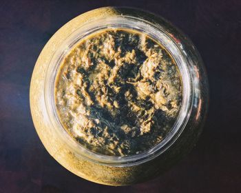 High angle view of breakfast in jar on table