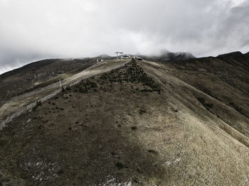 Scenic view of land and mountains against sky