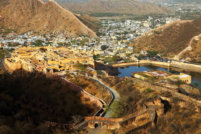 Aerial view of jaigarh fort and mountains